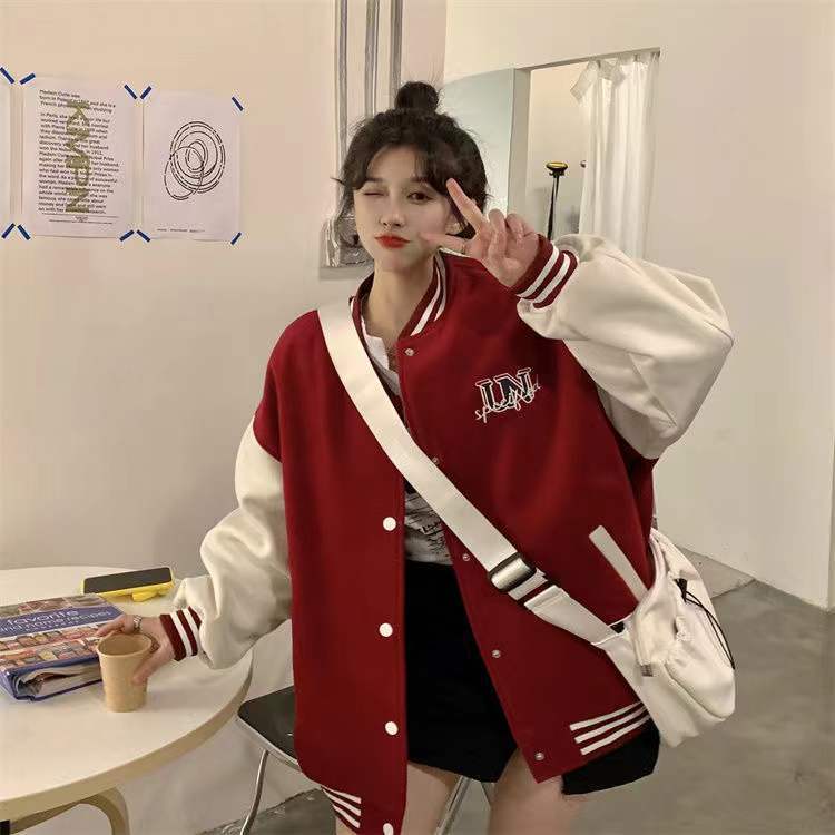 Unspecified' Six Patch Striped Burgundy Brown Women's Varsity Jacket-Kawaii Dream