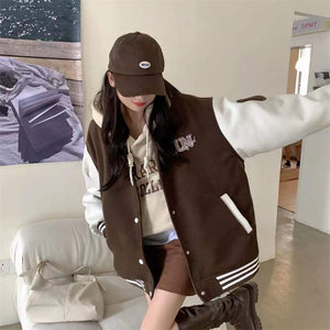 Unspecified' Six Patch Striped Burgundy Brown Women's Varsity Jacket-Kawaii Dream