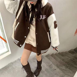 Unspecified' Six Patch Striped Burgundy Brown Women's Varsity Jacket-Kawaii Dream