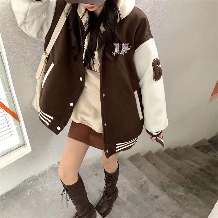 Unspecified' Six Patch Striped Burgundy Brown Women's Varsity Jacket-Kawaii Dream
