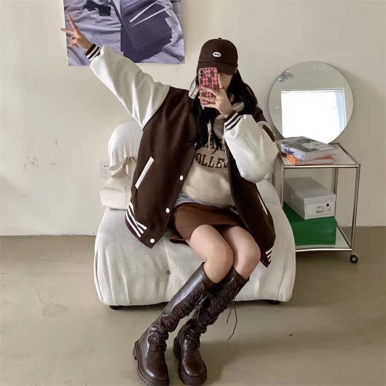 Unspecified' Six Patch Striped Burgundy Brown Women's Varsity Jacket-Kawaii Dream