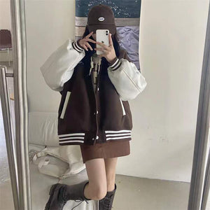 Unspecified' Six Patch Striped Burgundy Brown Women's Varsity Jacket-Kawaii Dream