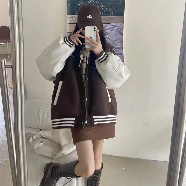 Unspecified' Six Patch Striped Burgundy Brown Women's Varsity Jacket-Kawaii Dream