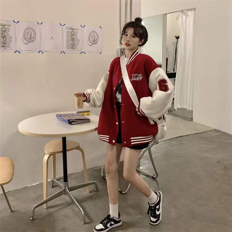 Unspecified' Six Patch Striped Burgundy Brown Women's Varsity Jacket-Kawaii Dream