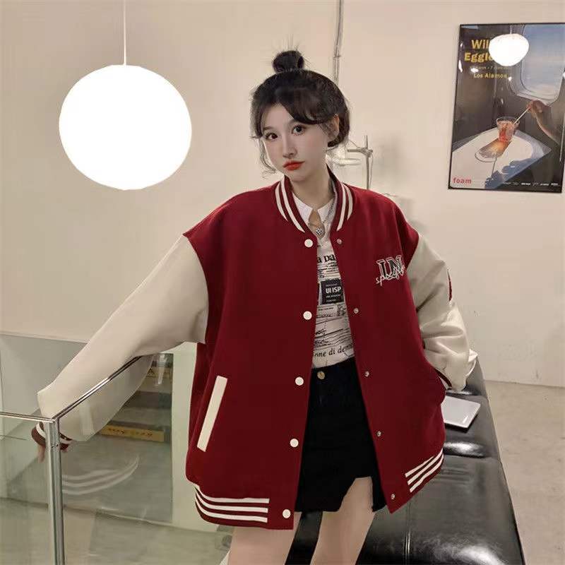 Unspecified' Six Patch Striped Burgundy Brown Women's Varsity Jacket-Kawaii Dream