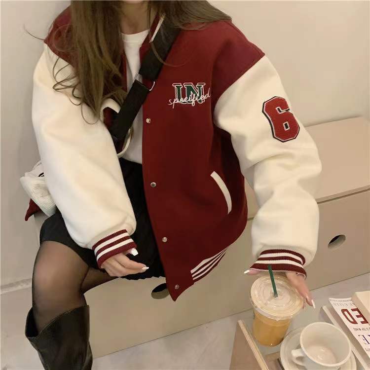 Unspecified' Six Patch Striped Burgundy Brown Women's Varsity Jacket-Kawaii Dream