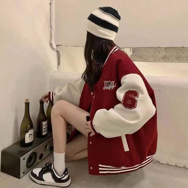 Unspecified' Six Patch Striped Burgundy Brown Women's Varsity Jacket-Kawaii Dream