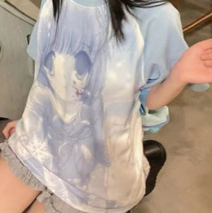White Anime Washed Blue Girl Two-tone Women's Tee-Kawaii Dream