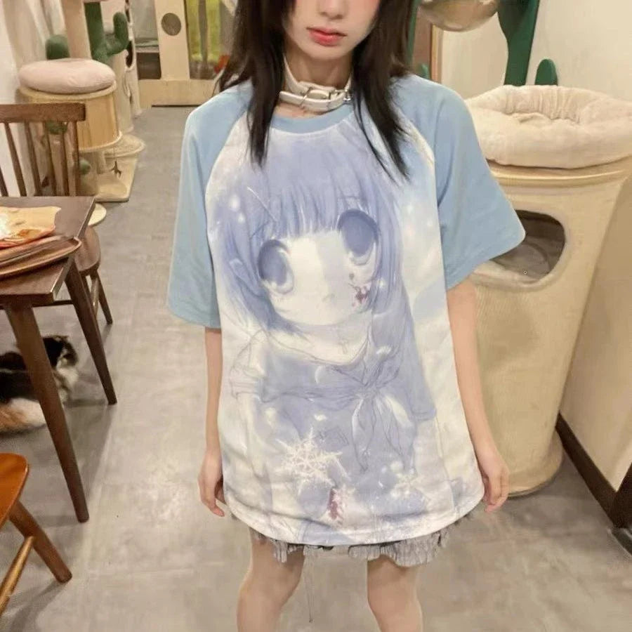 White Anime Washed Blue Girl Two-tone Women's Tee-Kawaii Dream