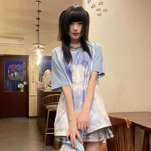 White Anime Washed Blue Girl Two-tone Women's Tee-Kawaii Dream