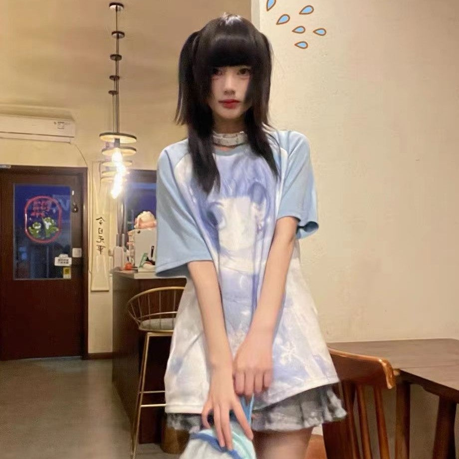 White Anime Washed Blue Girl Two-tone Women's Tee-Kawaii Dream