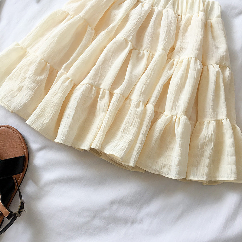 White Beige Ruffles Elastic High Waist Mini Skirt-Kawaii Dream