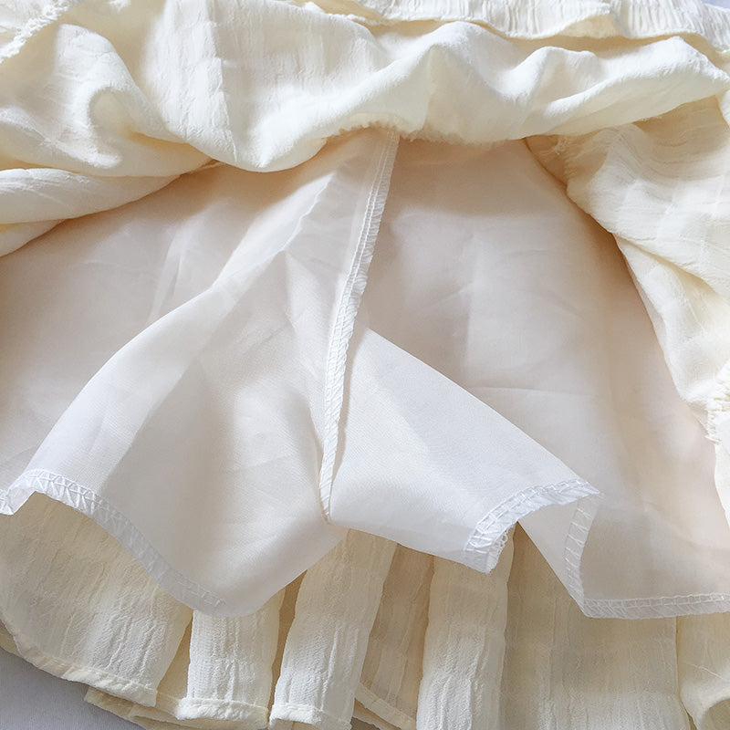 White Beige Ruffles Elastic High Waist Mini Skirt-Kawaii Dream