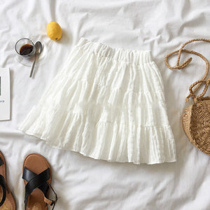 White Beige Ruffles Elastic High Waist Mini Skirt-Kawaii Dream