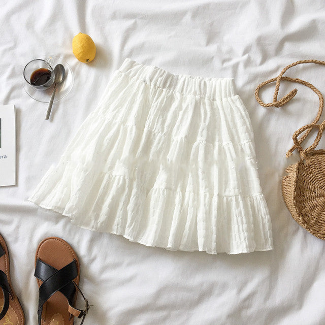 White Beige Ruffles Elastic High Waist Mini Skirt-Kawaii Dream