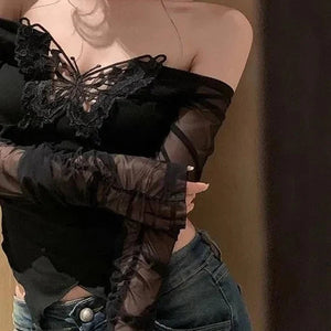 White Black Butterfly Off Shoulder Long Sleeve Women's Top-Kawaii Dream