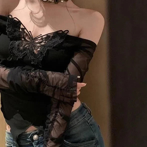 White Black Butterfly Off Shoulder Long Sleeve Women's Top-Kawaii Dream