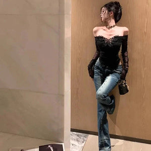 White Black Butterfly Off Shoulder Long Sleeve Women's Top-Kawaii Dream