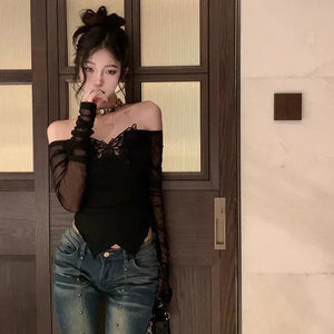 White Black Butterfly Off Shoulder Long Sleeve Women's Top-Kawaii Dream