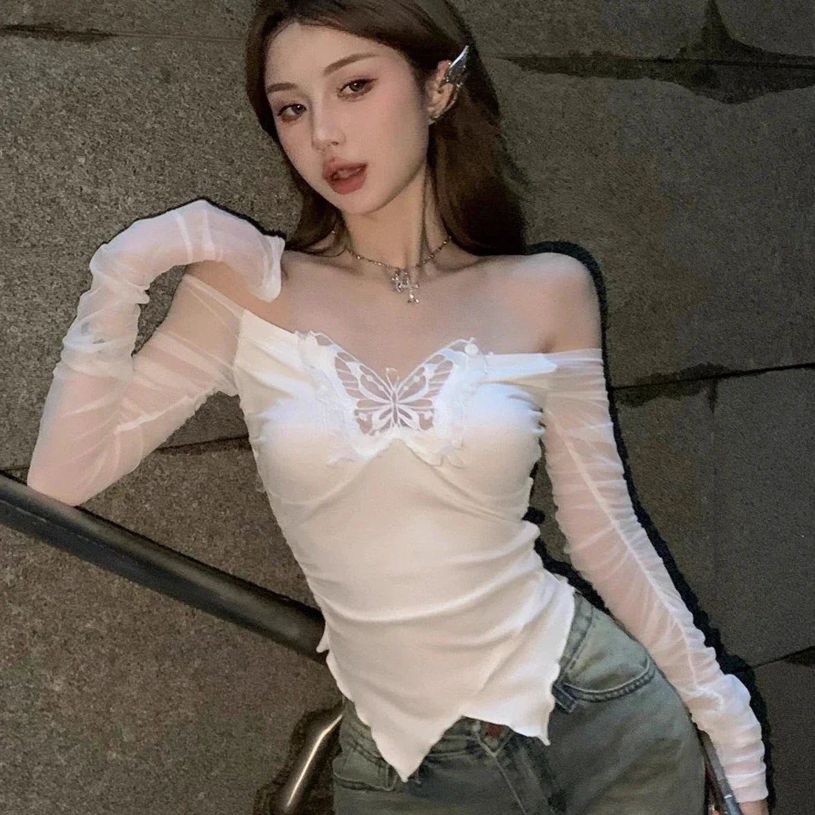 White Black Butterfly Off Shoulder Long Sleeve Women's Top-Kawaii Dream