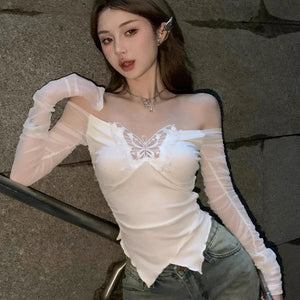 White Black Butterfly Off Shoulder Long Sleeve Women's Top-Kawaii Dream