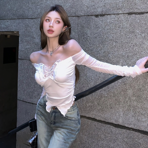 White Black Butterfly Off Shoulder Long Sleeve Women's Top-Kawaii Dream