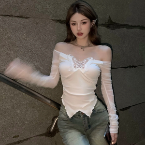 White Black Butterfly Off Shoulder Long Sleeve Women's Top-Kawaii Dream