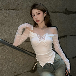 White Black Butterfly Off Shoulder Long Sleeve Women's Top-Kawaii Dream