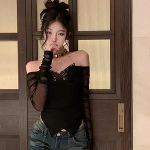 White Black Butterfly Off Shoulder Long Sleeve Women's Top-Kawaii Dream
