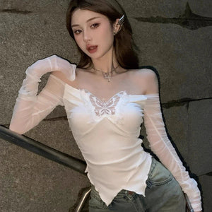 White Black Butterfly Off Shoulder Long Sleeve Women's Top-Kawaii Dream