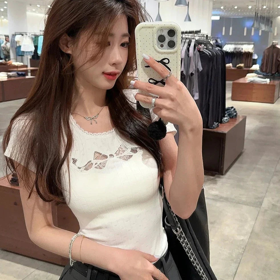 White Black Coquette Lace Bow Women's Top-Kawaii Dream
