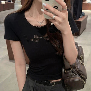 White Black Coquette Lace Bow Women's Top-Kawaii Dream