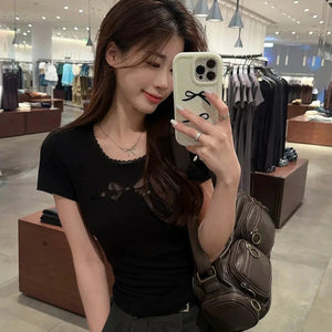 White Black Coquette Lace Bow Women's Top-Kawaii Dream