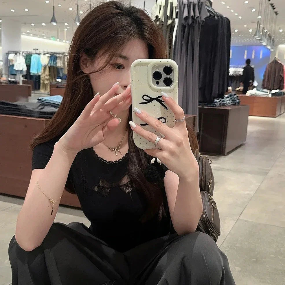 White Black Coquette Lace Bow Women's Top-Kawaii Dream