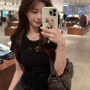 White Black Coquette Lace Bow Women's Top-Kawaii Dream