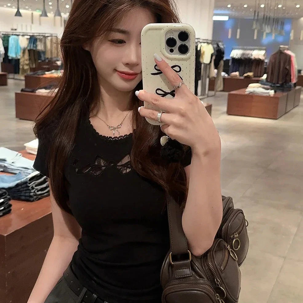 White Black Coquette Lace Bow Women's Top-Kawaii Dream