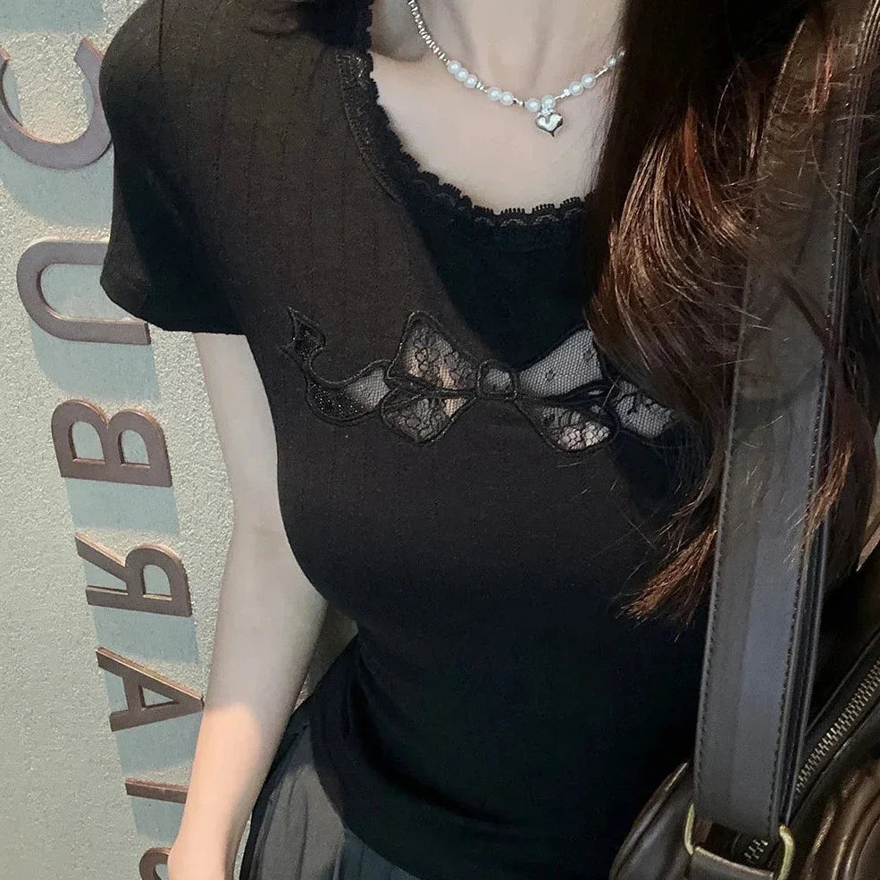 White Black Coquette Lace Bow Women's Top-Kawaii Dream