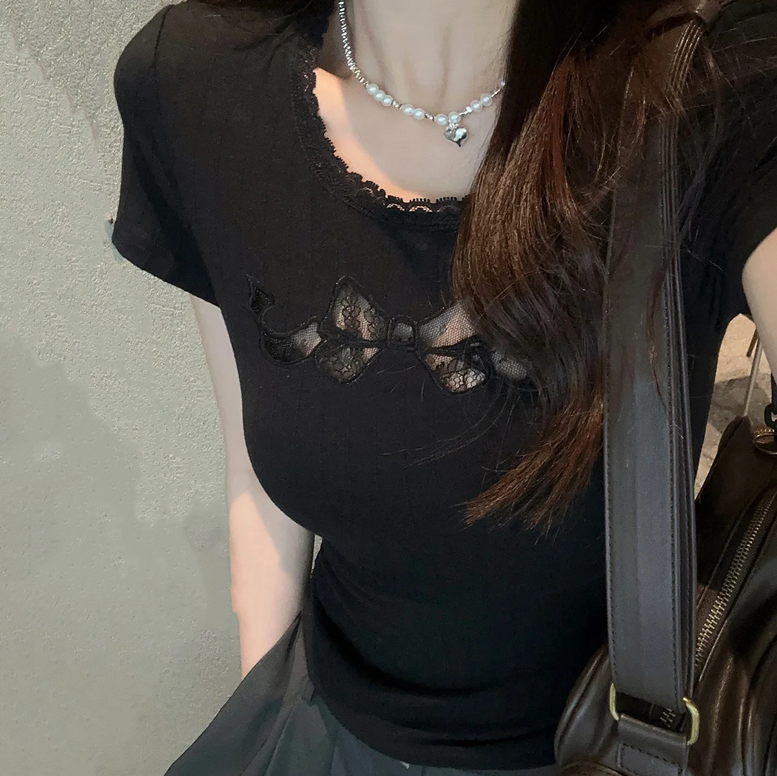 White Black Coquette Lace Bow Women's Top-Kawaii Dream