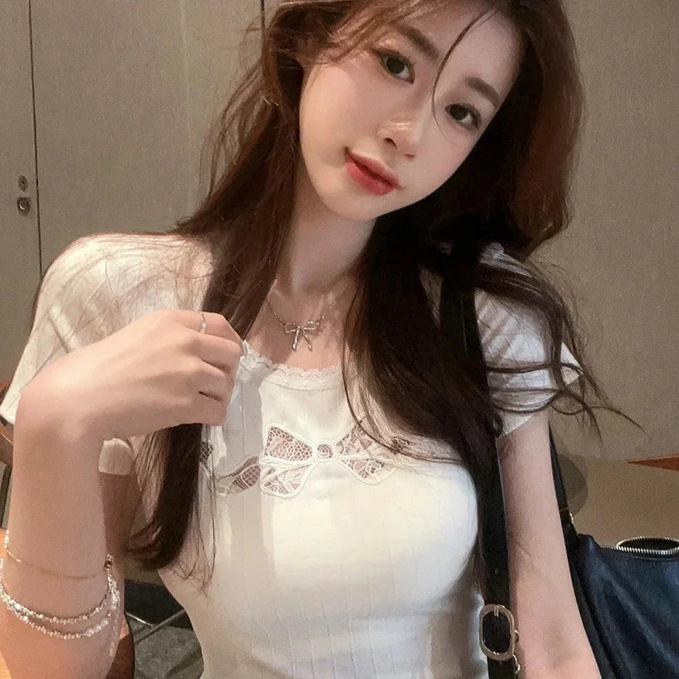 White Black Coquette Lace Bow Women's Top-Kawaii Dream