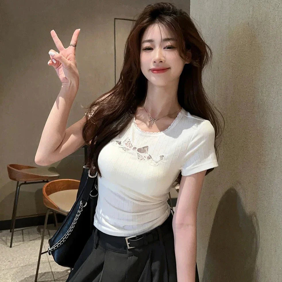 White Black Coquette Lace Bow Women's Top-Kawaii Dream