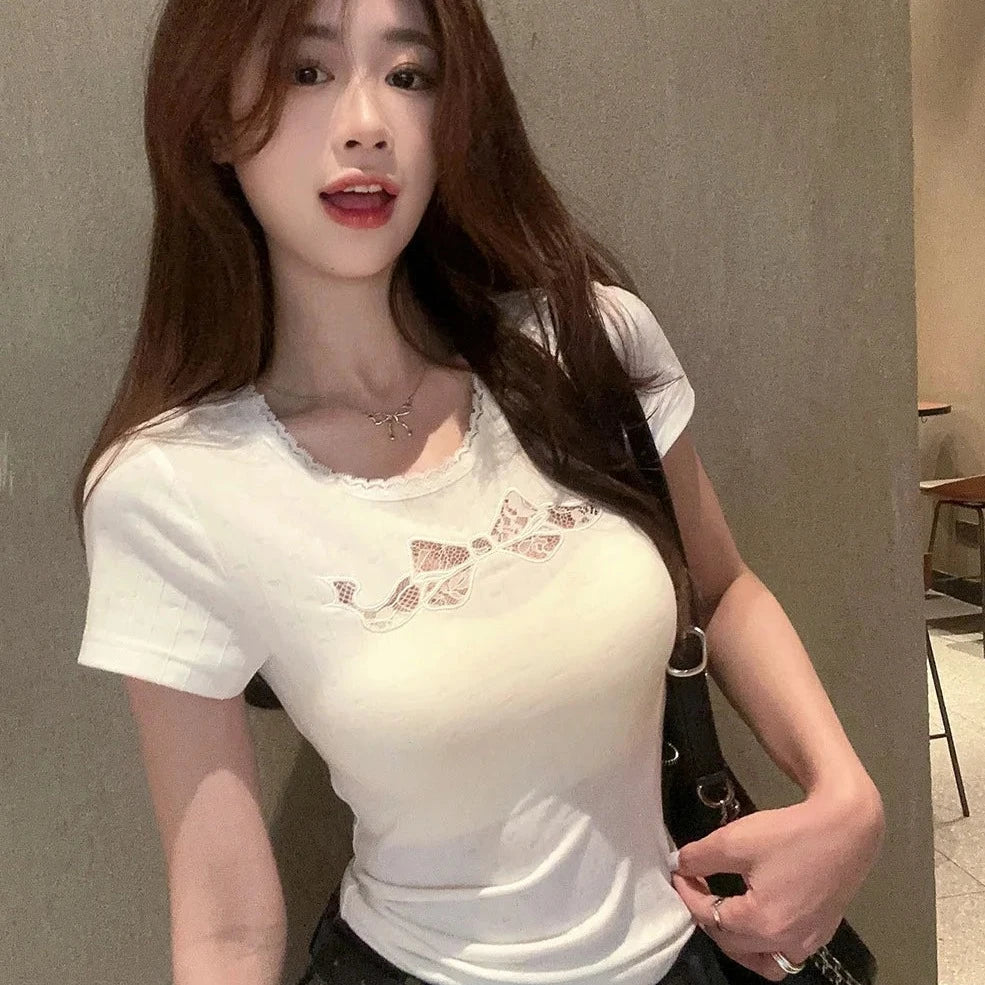 White Black Coquette Lace Bow Women's Top-Kawaii Dream