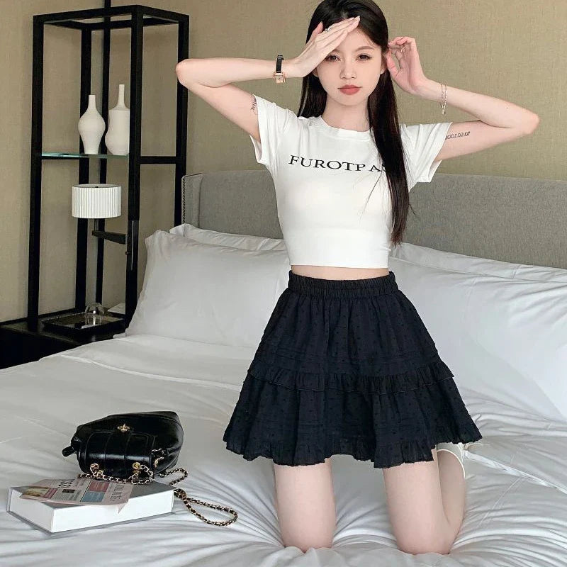 White Black Ruffle Layered High Waist Mini Short Women's Skirt-Kawaii Dream
