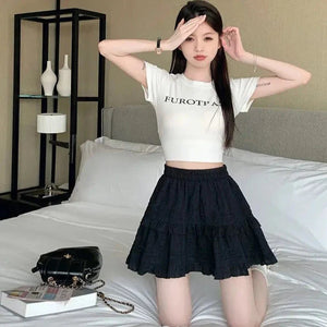 White Black Ruffle Layered High Waist Mini Short Women's Skirt-Kawaii Dream