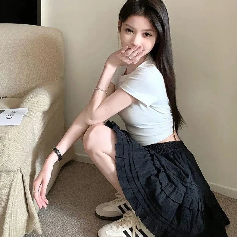 White Black Ruffle Layered High Waist Mini Short Women's Skirt-Kawaii Dream