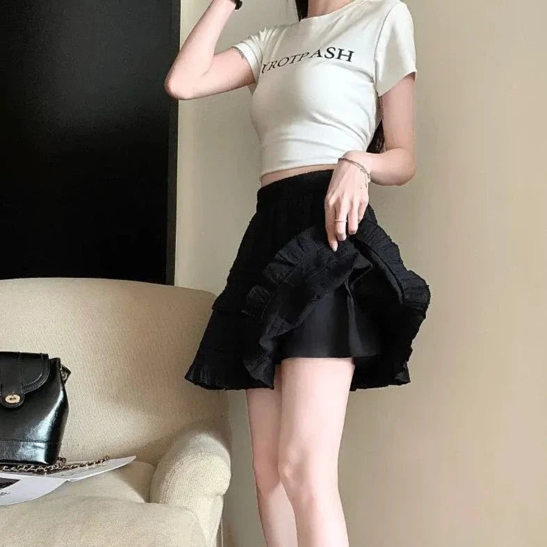White Black Ruffle Layered High Waist Mini Short Women's Skirt-Kawaii Dream