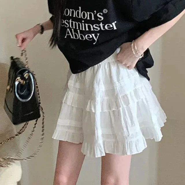 White Black Ruffle Layered High Waist Mini Short Women's Skirt-Kawaii Dream