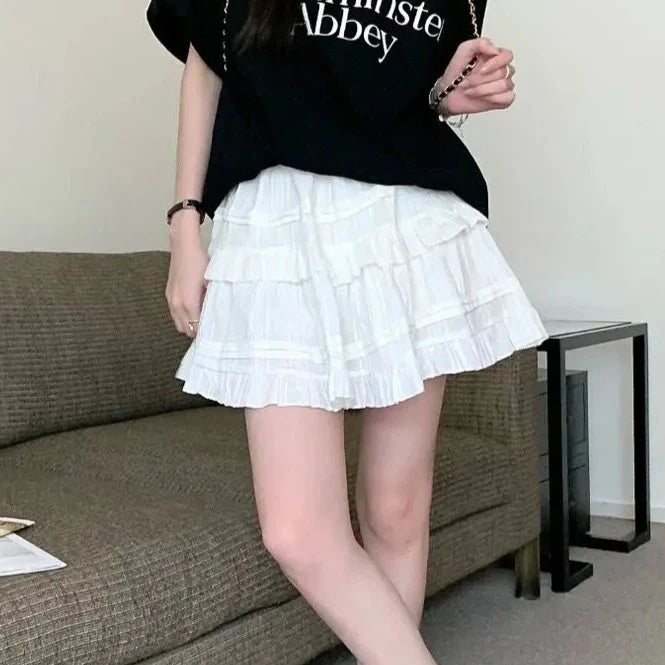 White Black Ruffle Layered High Waist Mini Short Women's Skirt-Kawaii Dream