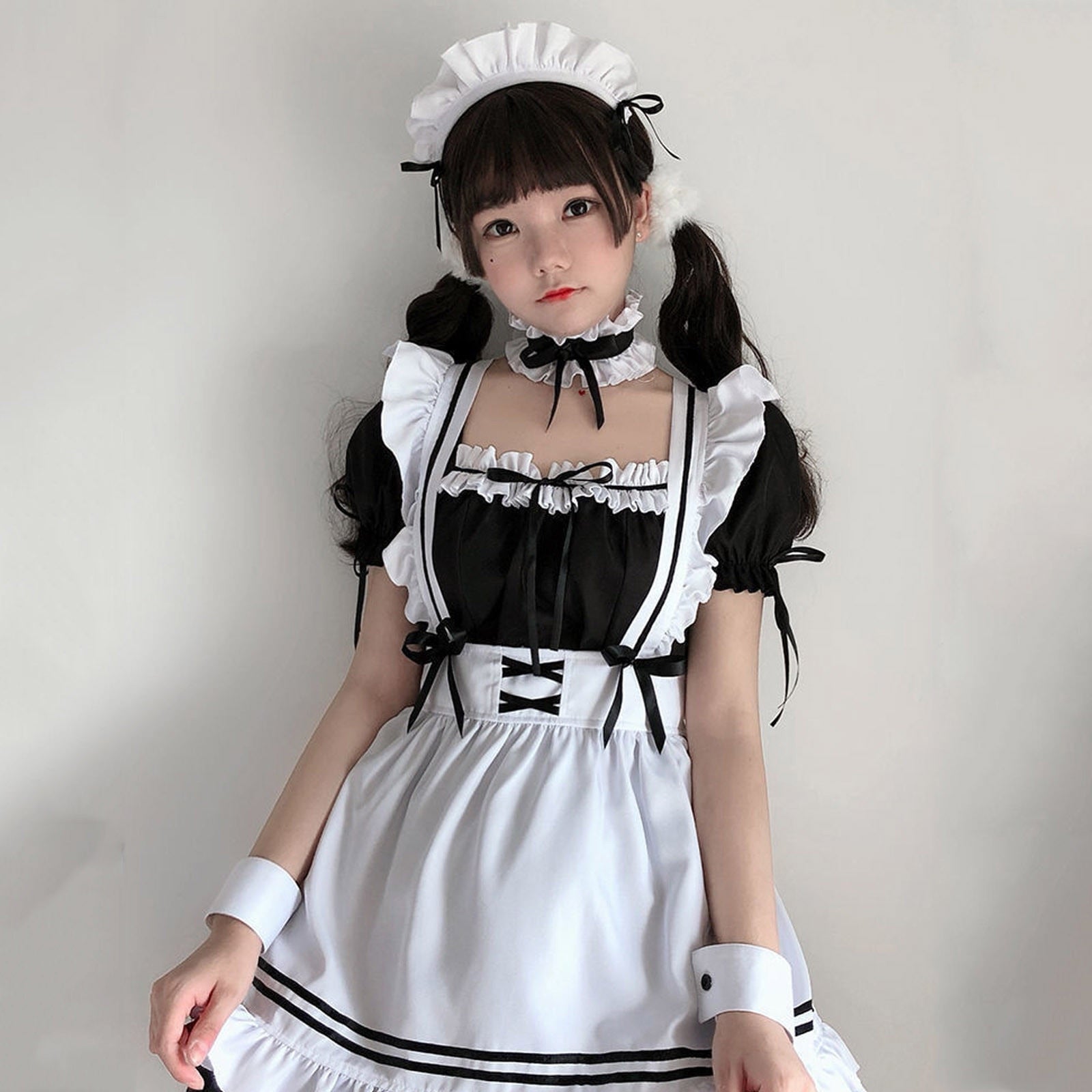 White Black Striped Lolita Maid Cosplay Women's Dress-Kawaii Dream