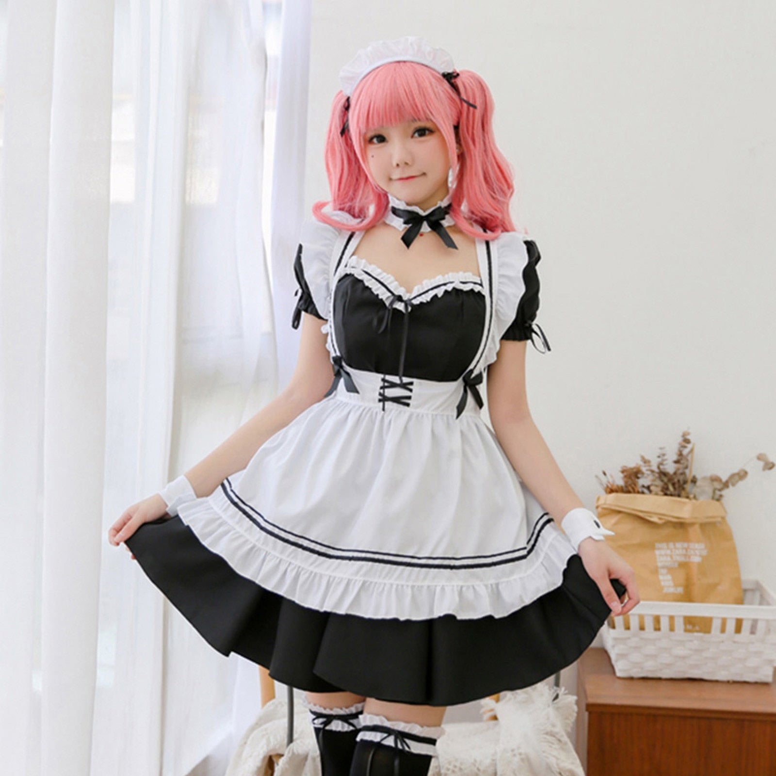 White Black Striped Lolita Maid Cosplay Women's Dress-Kawaii Dream