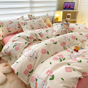 White Bunny Peach Flower Bedding Set-Kawaii Dream